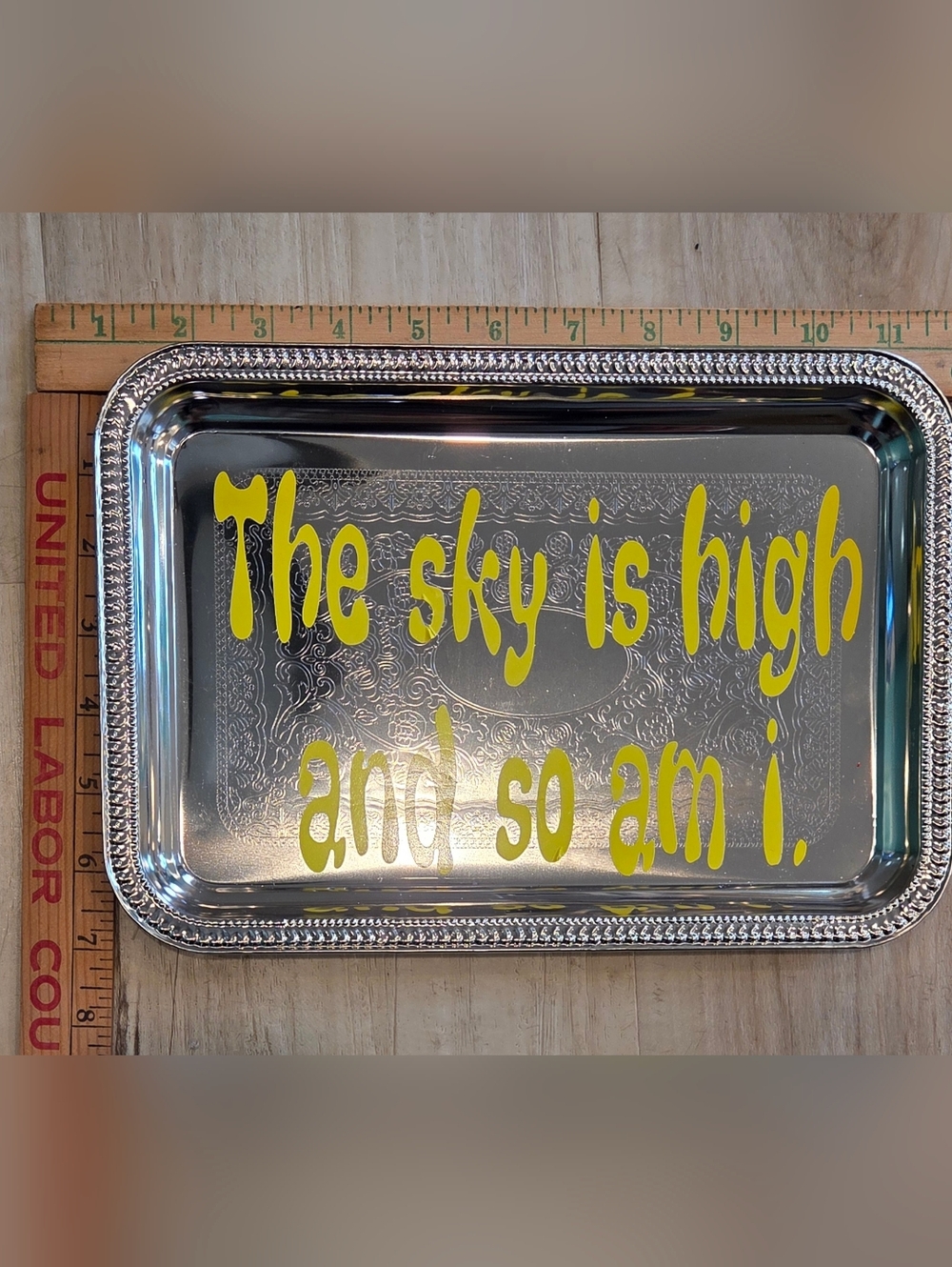 Buy One Get One Half Off Rolling Tray. Decorative Silver Tray with Yellow Script